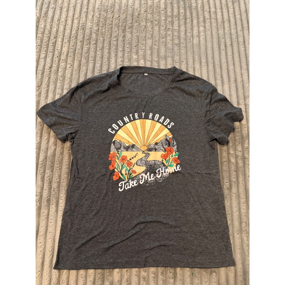Country Roads Take Me Home Graphic T-Shirt Charcoal Gray Sunset Mountain Medium
